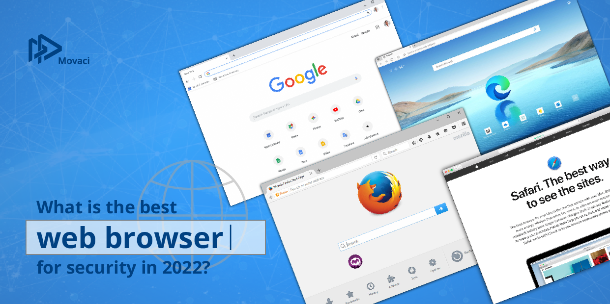 what's the best web browser for companies in 2022? Branded image featuring Firefox, Chrome, MS Edge and Safari